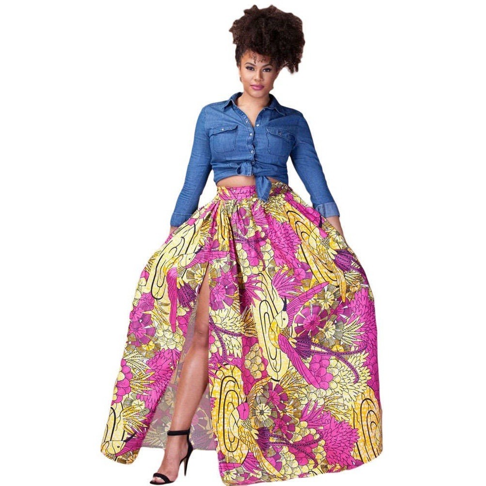 African Full Skirt Hot Pink Yellow Bird OS Side‎ Slit Elastic Bold Statement